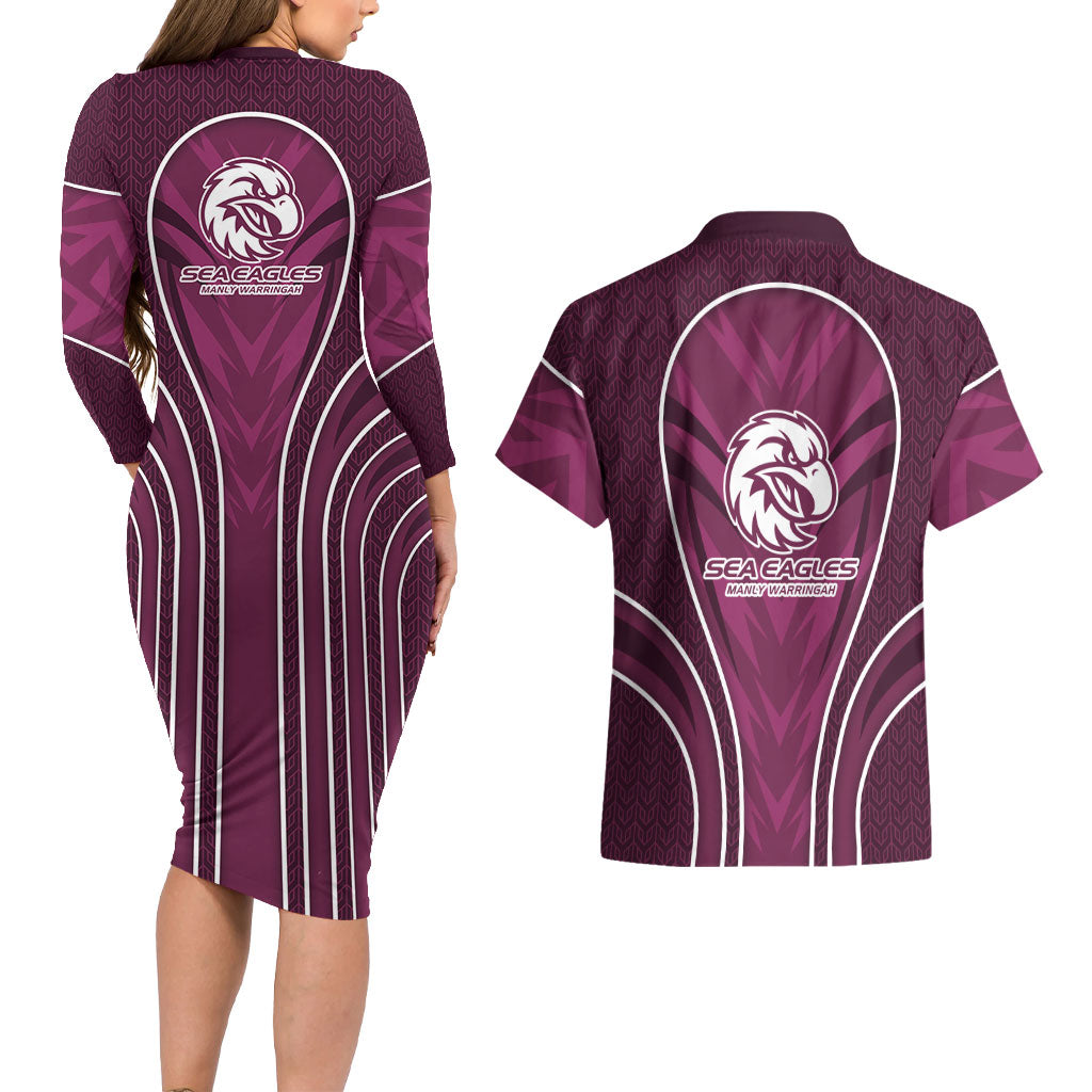 Manly Warringah Sea Eagles Rugby Mascot Couples Matching Long Sleeve Bodycon Dress and Hawaiian Shirt Australian Rugby Culture - Tribal Inspired Eagle