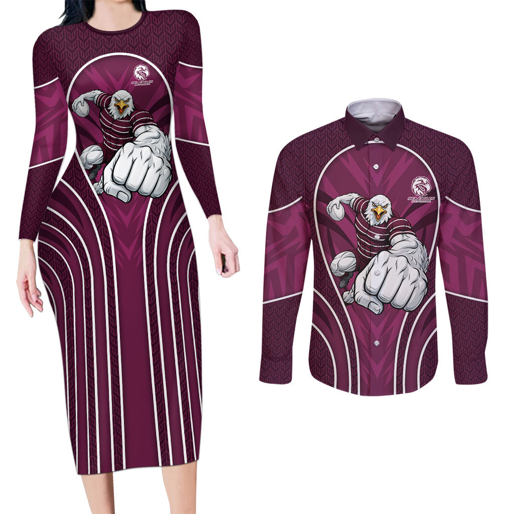 Manly Warringah Sea Eagles Rugby Mascot Couples Matching Long Sleeve Bodycon Dress and Long Sleeve Button Shirt Australian Rugby Culture - Tribal Inspired Eagle