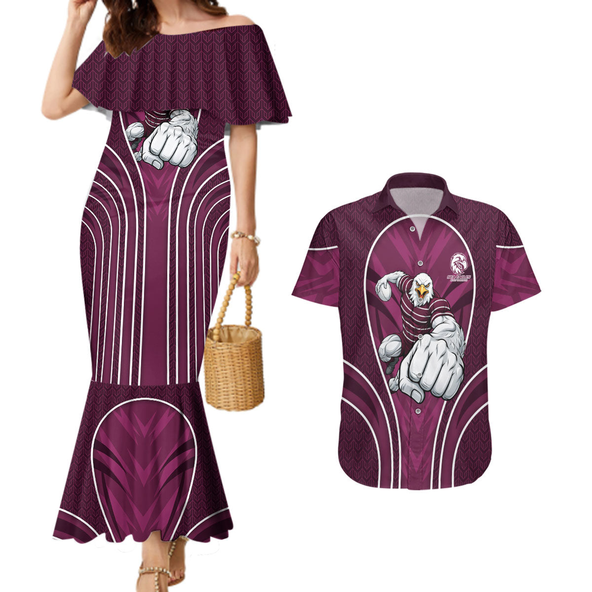 Manly Warringah Sea Eagles Rugby Mascot Couples Matching Mermaid Dress and Hawaiian Shirt Australian Rugby Culture - Tribal Inspired Eagle