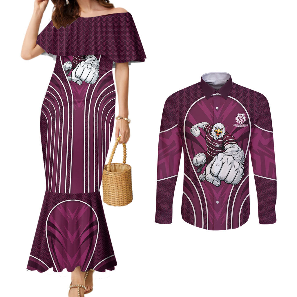 Manly Warringah Sea Eagles Rugby Mascot Couples Matching Mermaid Dress and Long Sleeve Button Shirt Australian Rugby Culture - Tribal Inspired Eagle
