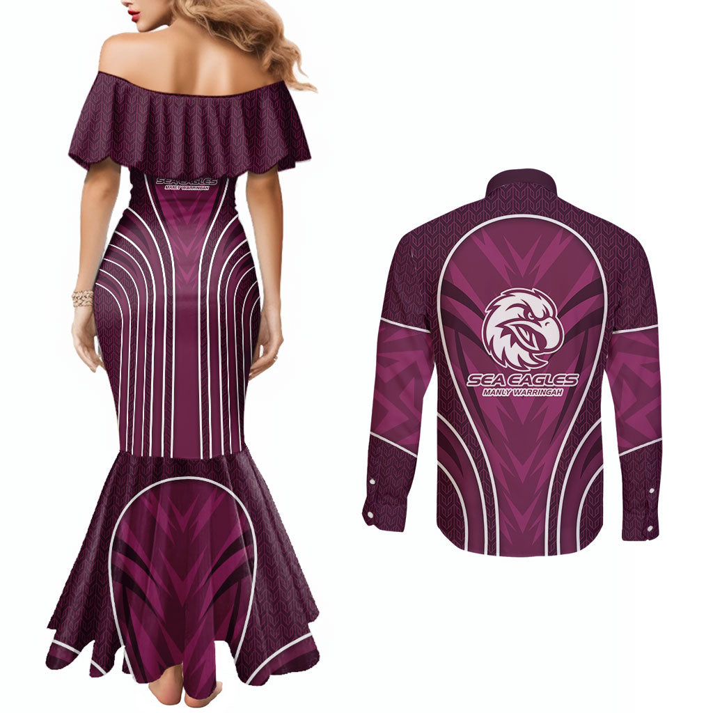 Manly Warringah Sea Eagles Rugby Mascot Couples Matching Mermaid Dress and Long Sleeve Button Shirt Australian Rugby Culture - Tribal Inspired Eagle