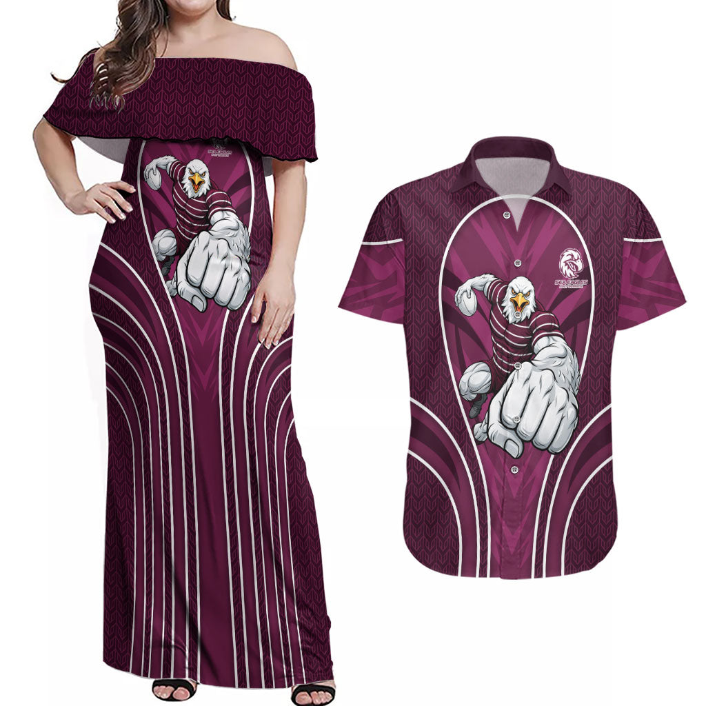 Manly Warringah Sea Eagles Rugby Mascot Couples Matching Off Shoulder Maxi Dress and Hawaiian Shirt Australian Rugby Culture - Tribal Inspired Eagle
