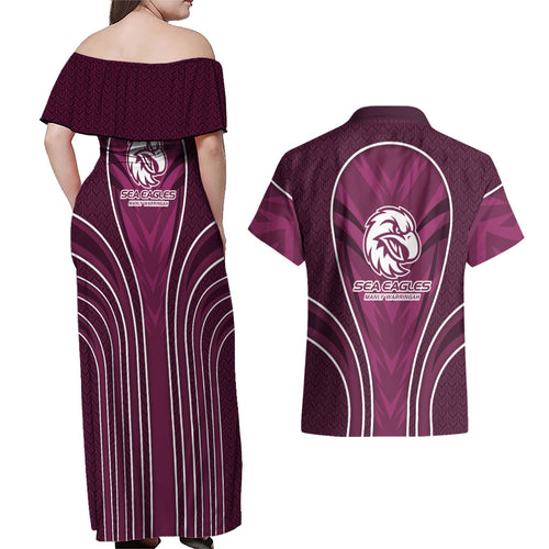 Manly Warringah Sea Eagles Rugby Mascot Couples Matching Off Shoulder Maxi Dress and Hawaiian Shirt Australian Rugby Culture - Tribal Inspired Eagle