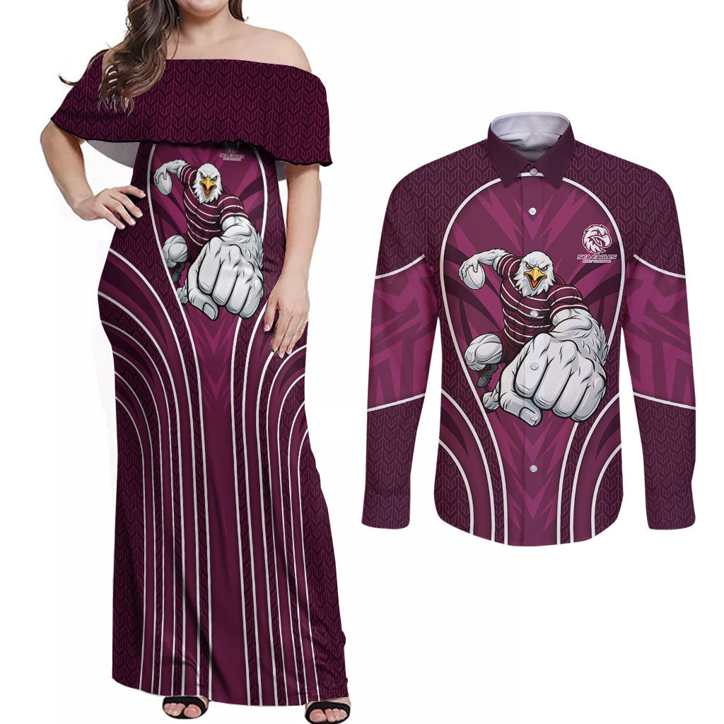 Manly Warringah Sea Eagles Rugby Mascot Couples Matching Off Shoulder Maxi Dress and Long Sleeve Button Shirt Australian Rugby Culture - Tribal Inspired Eagle