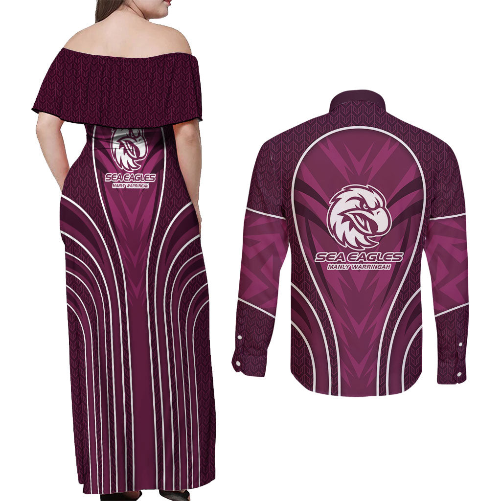 Manly Warringah Sea Eagles Rugby Mascot Couples Matching Off Shoulder Maxi Dress and Long Sleeve Button Shirt Australian Rugby Culture - Tribal Inspired Eagle