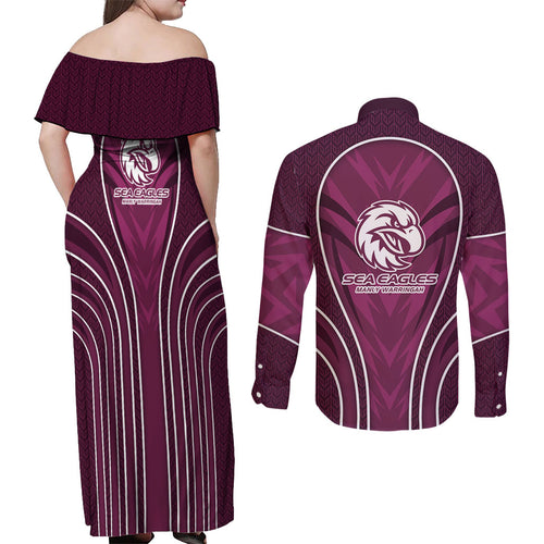 Manly Warringah Sea Eagles Rugby Mascot Couples Matching Off Shoulder Maxi Dress and Long Sleeve Button Shirt Australian Rugby Culture - Tribal Inspired Eagle