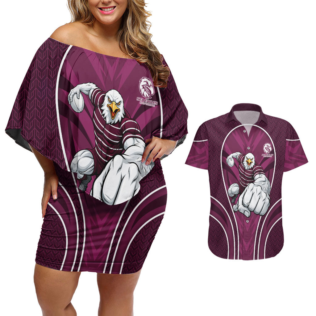 Manly Warringah Sea Eagles Rugby Mascot Couples Matching Off Shoulder Short Dress and Hawaiian Shirt Australian Rugby Culture - Tribal Inspired Eagle