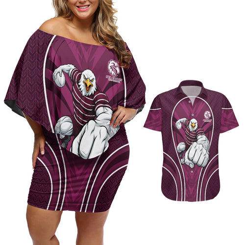 Manly Warringah Sea Eagles Rugby Mascot Couples Matching Off Shoulder Short Dress and Hawaiian Shirt Australian Rugby Culture - Tribal Inspired Eagle