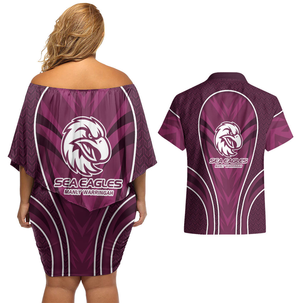 Manly Warringah Sea Eagles Rugby Mascot Couples Matching Off Shoulder Short Dress and Hawaiian Shirt Australian Rugby Culture - Tribal Inspired Eagle