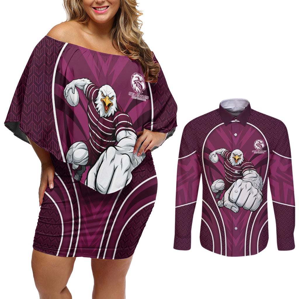 Manly Warringah Sea Eagles Rugby Mascot Couples Matching Off Shoulder Short Dress and Long Sleeve Button Shirt Australian Rugby Culture - Tribal Inspired Eagle