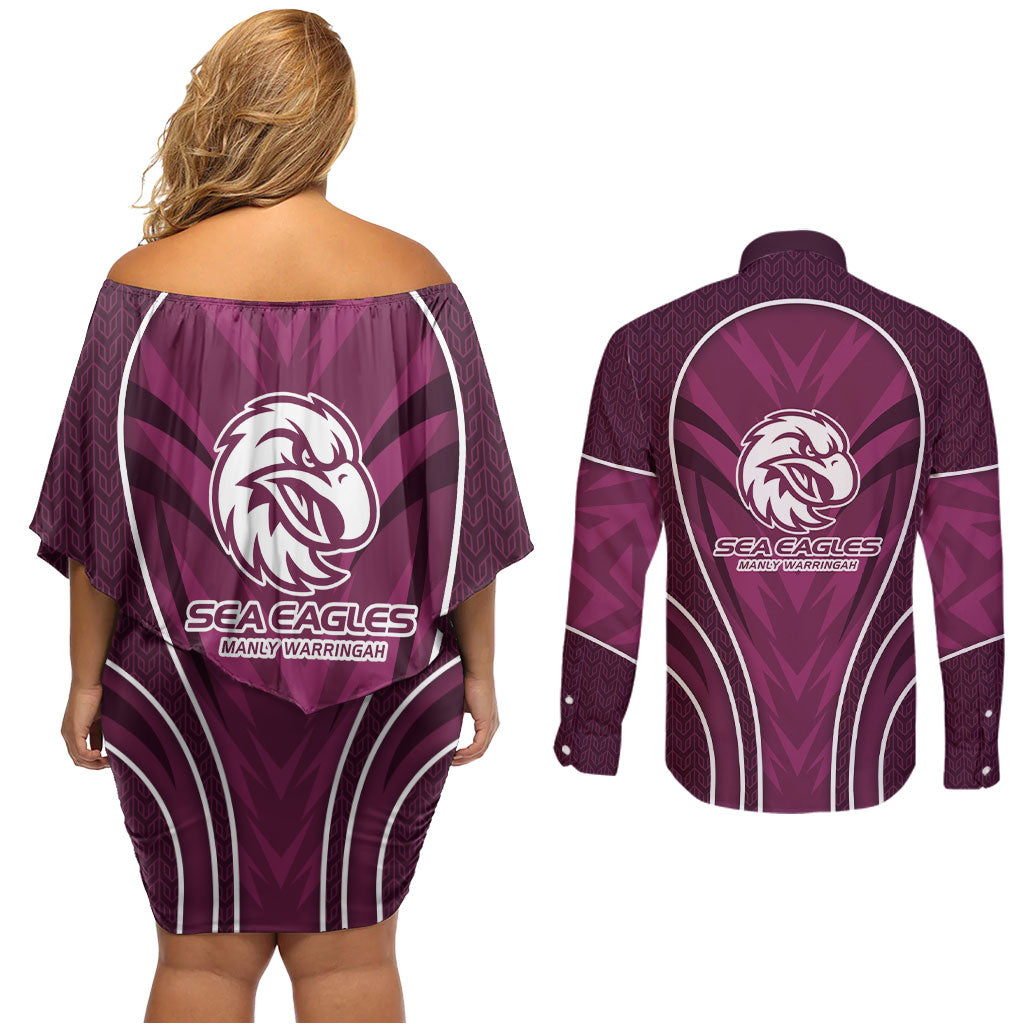 Manly Warringah Sea Eagles Rugby Mascot Couples Matching Off Shoulder Short Dress and Long Sleeve Button Shirt Australian Rugby Culture - Tribal Inspired Eagle