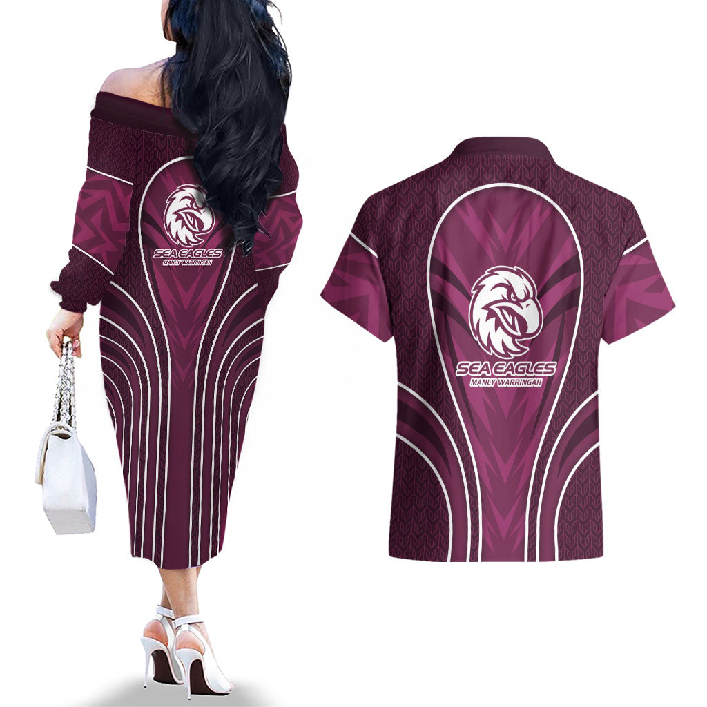 Manly Warringah Sea Eagles Rugby Mascot Couples Matching Off The Shoulder Long Sleeve Dress and Hawaiian Shirt Australian Rugby Culture - Tribal Inspired Eagle