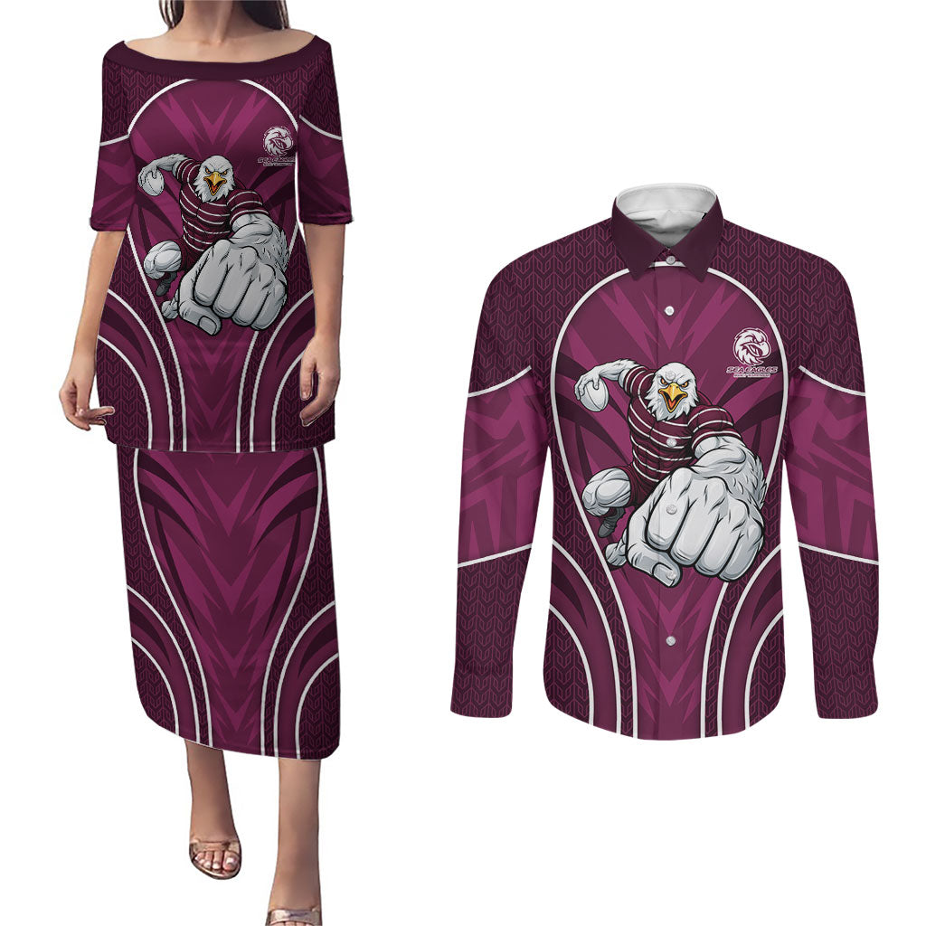 Manly Warringah Sea Eagles Rugby Mascot Couples Matching Puletasi and Long Sleeve Button Shirt Australian Rugby Culture - Tribal Inspired Eagle