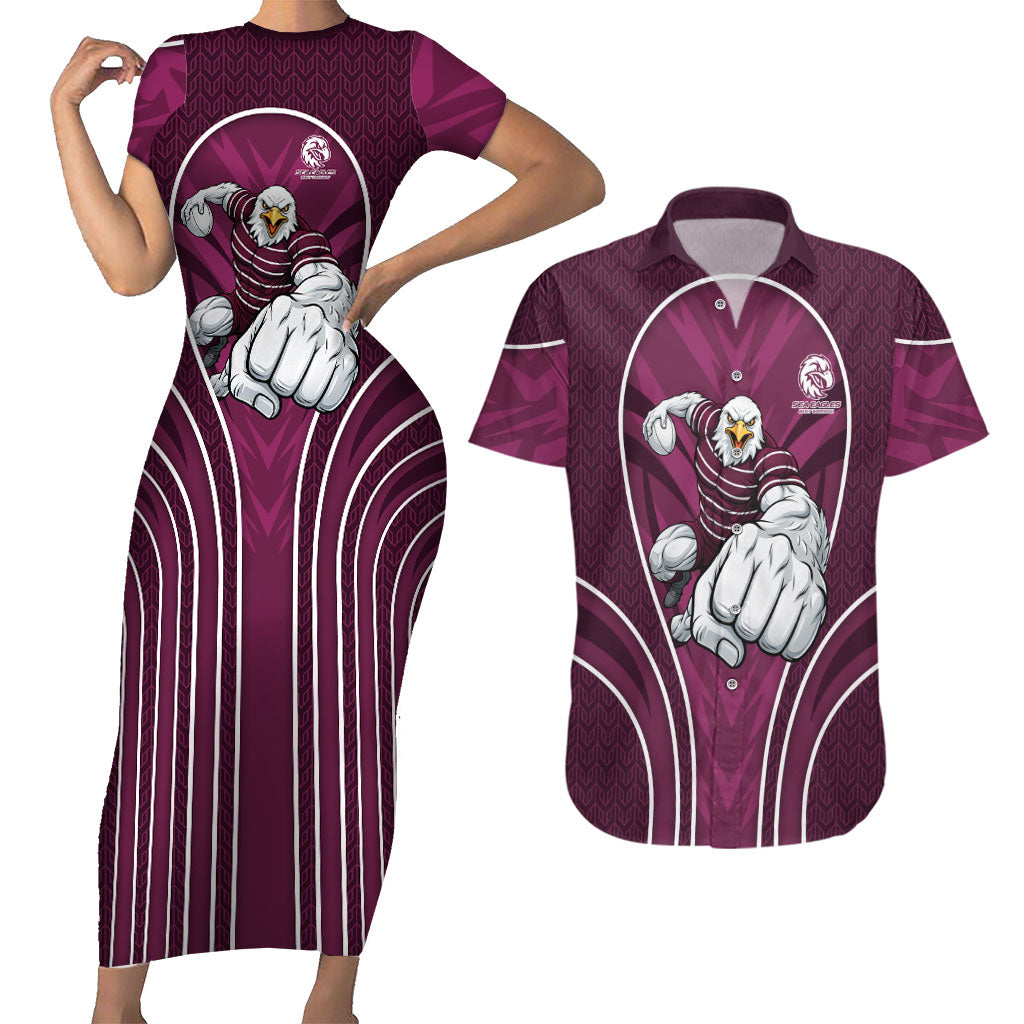 Manly Warringah Sea Eagles Rugby Mascot Couples Matching Short Sleeve Bodycon Dress and Hawaiian Shirt Australian Rugby Culture - Tribal Inspired Eagle