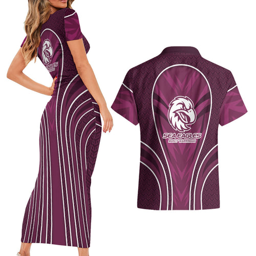 Manly Warringah Sea Eagles Rugby Mascot Couples Matching Short Sleeve Bodycon Dress and Hawaiian Shirt Australian Rugby Culture - Tribal Inspired Eagle