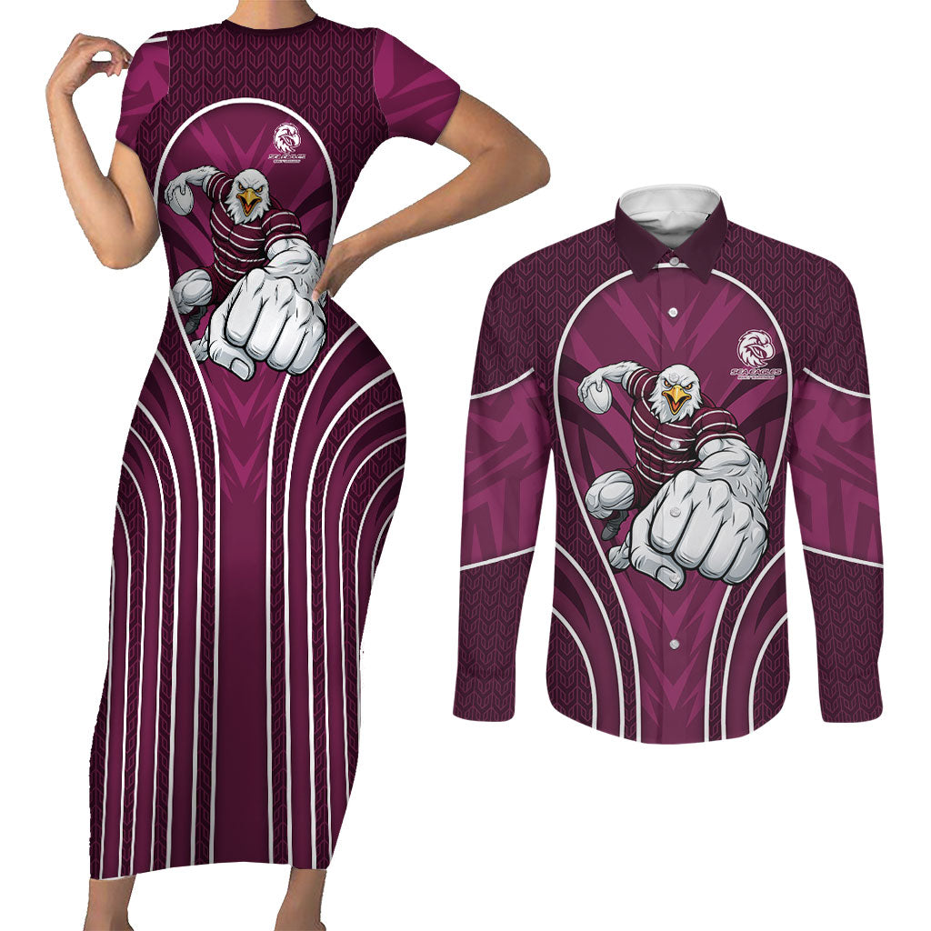 Manly Warringah Sea Eagles Rugby Mascot Couples Matching Short Sleeve Bodycon Dress and Long Sleeve Button Shirt Australian Rugby Culture - Tribal Inspired Eagle