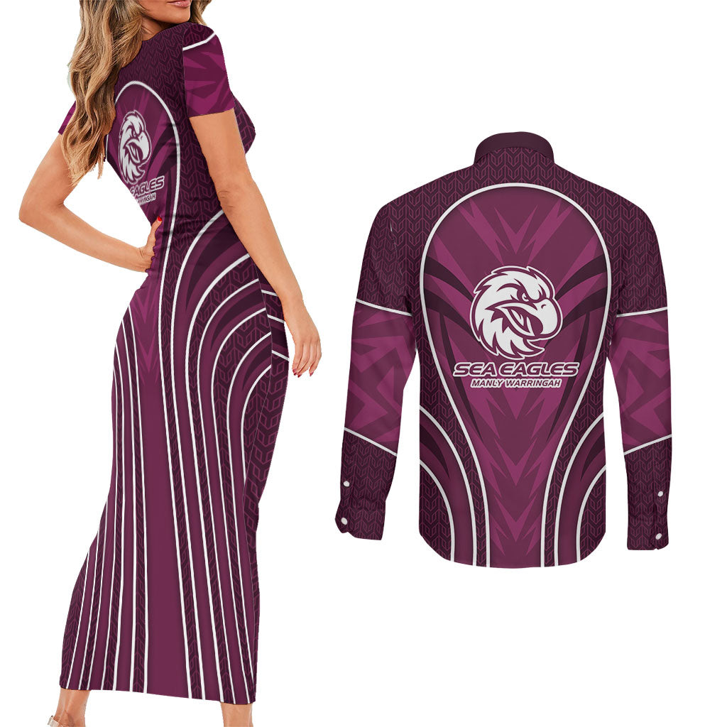 Manly Warringah Sea Eagles Rugby Mascot Couples Matching Short Sleeve Bodycon Dress and Long Sleeve Button Shirt Australian Rugby Culture - Tribal Inspired Eagle