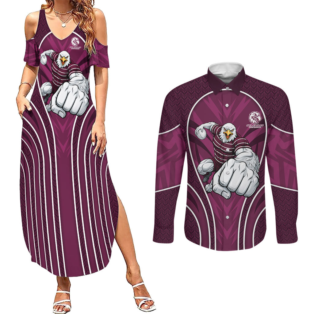 Manly Warringah Sea Eagles Rugby Mascot Couples Matching Summer Maxi Dress and Long Sleeve Button Shirt Australian Rugby Culture - Tribal Inspired Eagle