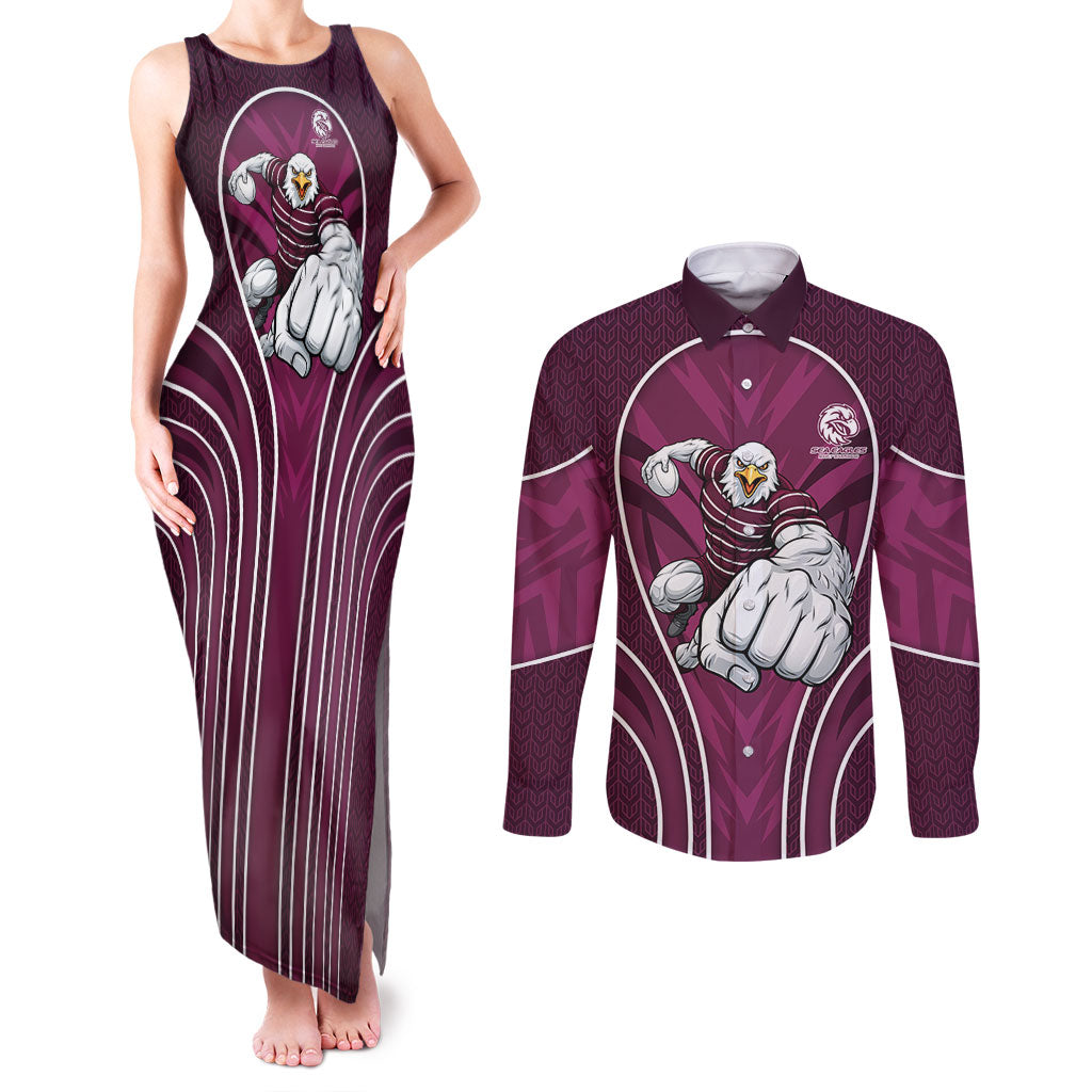 Manly Warringah Sea Eagles Rugby Mascot Couples Matching Tank Maxi Dress and Long Sleeve Button Shirt Australian Rugby Culture - Tribal Inspired Eagle