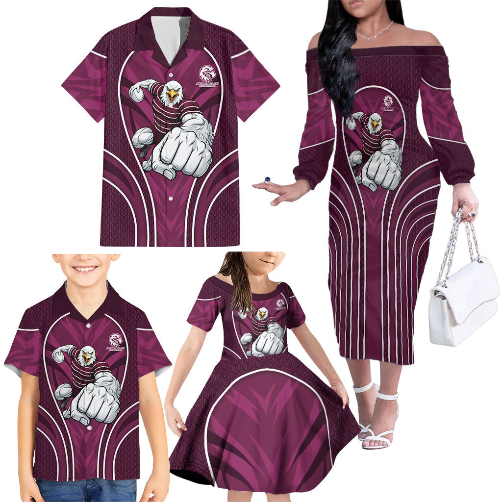 Manly Warringah Sea Eagles Rugby Mascot Family Matching Off The Shoulder Long Sleeve Dress and Hawaiian Shirt Australian Rugby Culture - Tribal Inspired Eagle