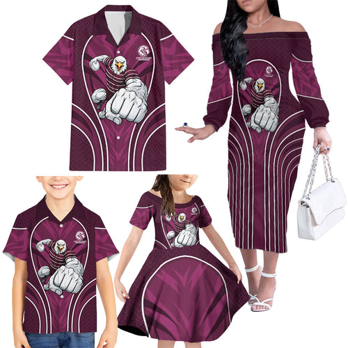Manly Warringah Sea Eagles Rugby Mascot Family Matching Off The Shoulder Long Sleeve Dress and Hawaiian Shirt Australian Rugby Culture - Tribal Inspired Eagle