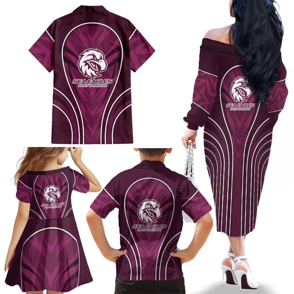 Manly Warringah Sea Eagles Rugby Mascot Family Matching Off The Shoulder Long Sleeve Dress and Hawaiian Shirt Australian Rugby Culture - Tribal Inspired Eagle