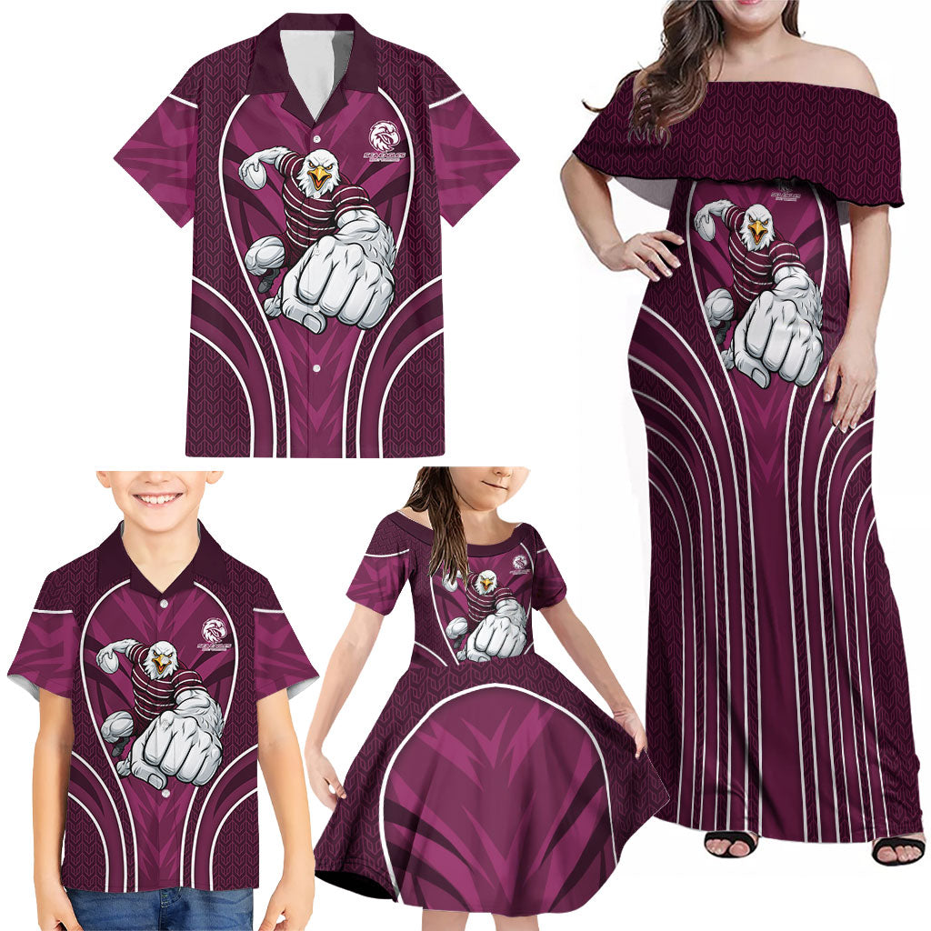Manly Warringah Sea Eagles Rugby Mascot Family Matching Off Shoulder Maxi Dress and Hawaiian Shirt Australian Rugby Culture - Tribal Inspired Eagle