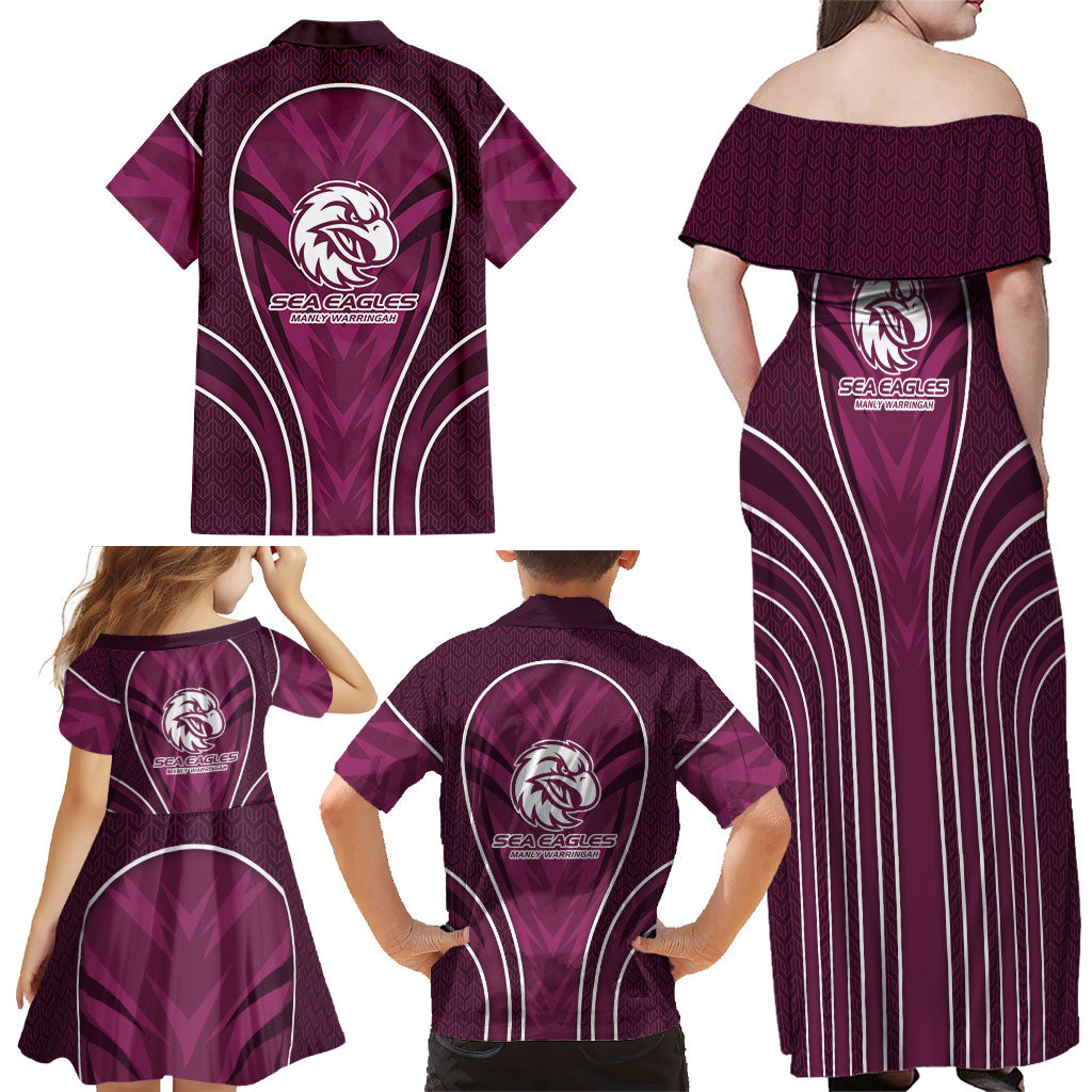 Manly Warringah Sea Eagles Rugby Mascot Family Matching Off Shoulder Maxi Dress and Hawaiian Shirt Australian Rugby Culture - Tribal Inspired Eagle