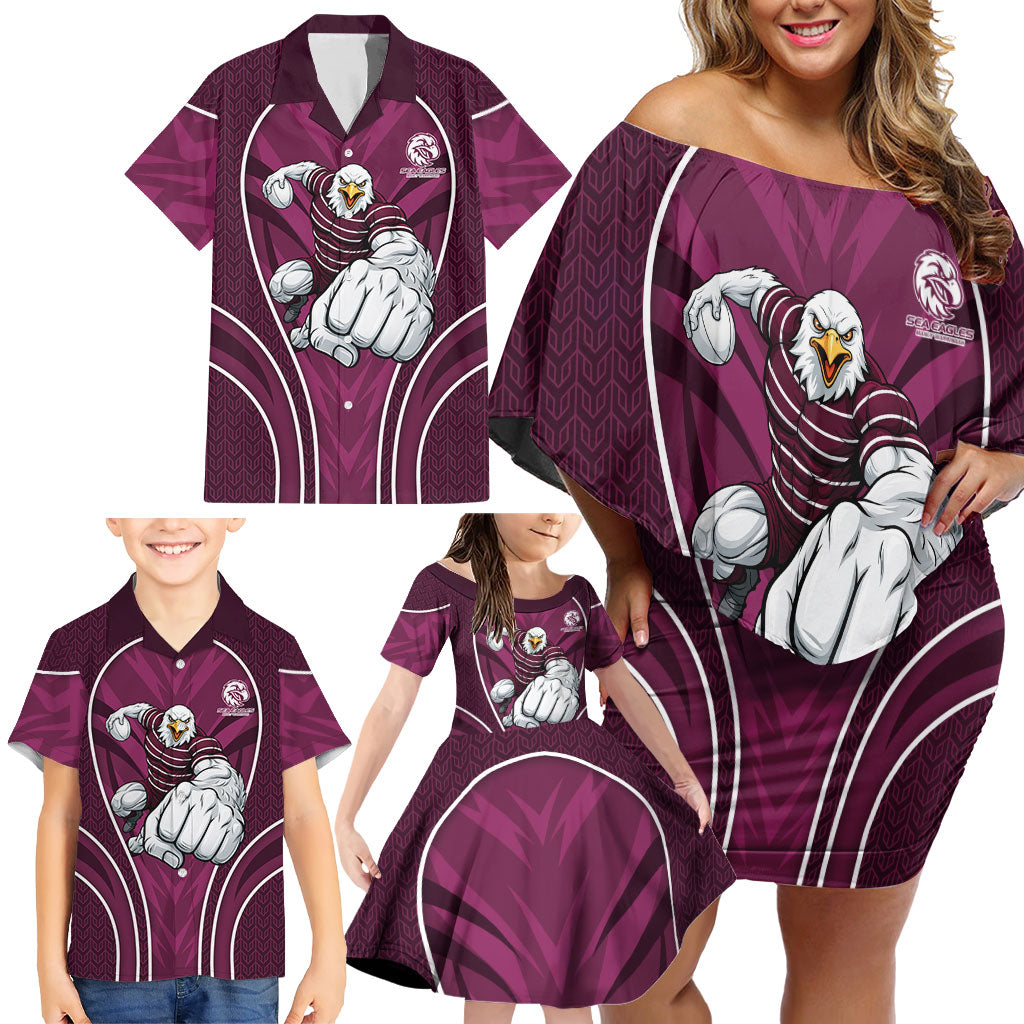Manly Warringah Sea Eagles Rugby Mascot Family Matching Off Shoulder Short Dress and Hawaiian Shirt Australian Rugby Culture - Tribal Inspired Eagle