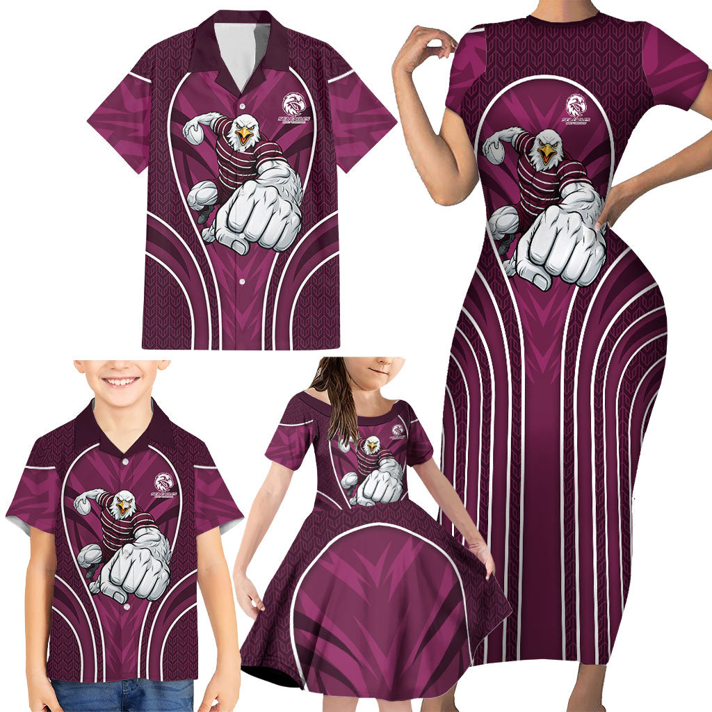 Manly Warringah Sea Eagles Rugby Mascot Family Matching Short Sleeve Bodycon Dress and Hawaiian Shirt Australian Rugby Culture - Tribal Inspired Eagle