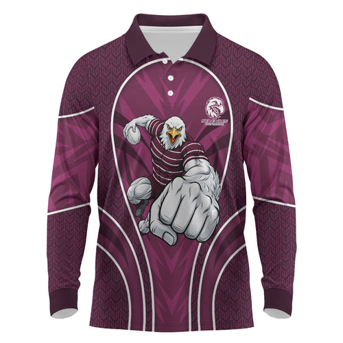 Manly Warringah Sea Eagles Rugby Mascot Long Sleeve Polo Shirt Australian Rugby Culture - Tribal Inspired Eagle