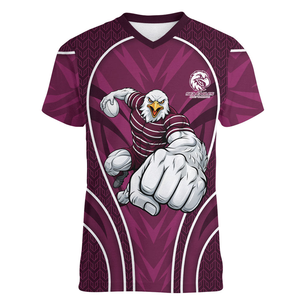 Manly Warringah Sea Eagles Rugby Mascot Women V-Neck T-Shirt Australian Rugby Culture - Tribal Inspired Eagle