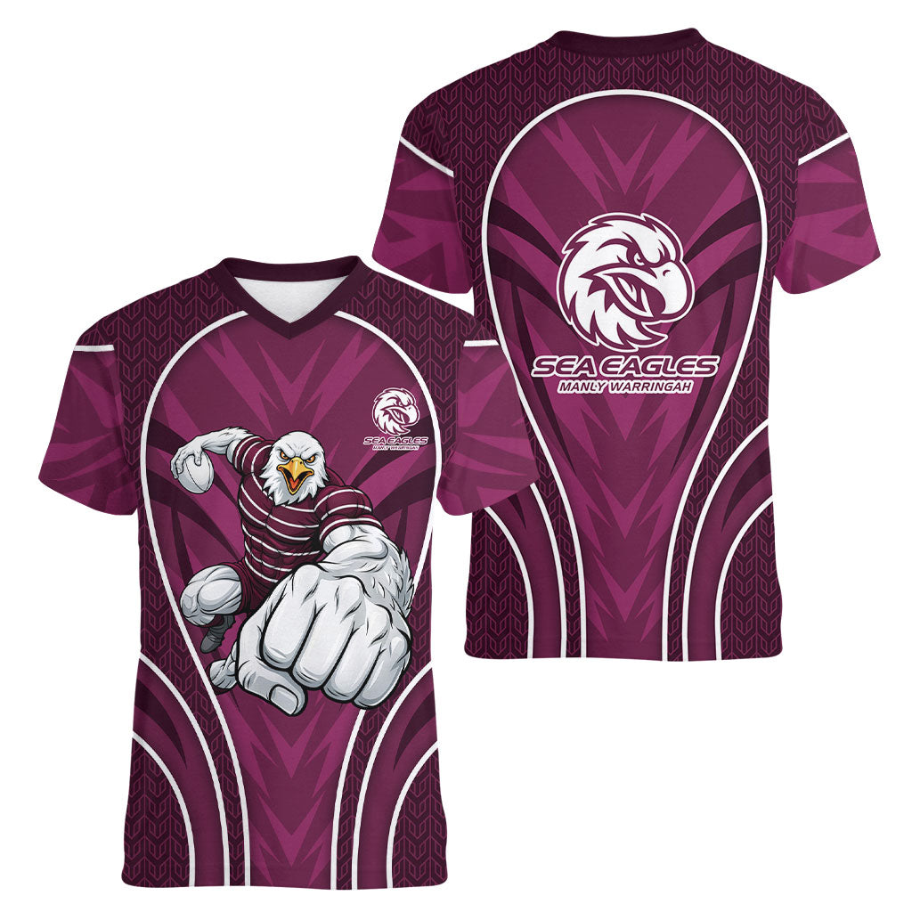 Manly Warringah Sea Eagles Rugby Mascot Women V-Neck T-Shirt Australian Rugby Culture - Tribal Inspired Eagle