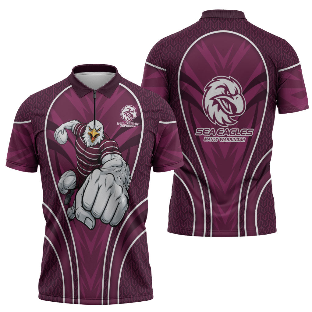 Manly Warringah Sea Eagles Rugby Mascot Zipper Polo Shirt Australian Rugby Culture - Tribal Inspired Eagle