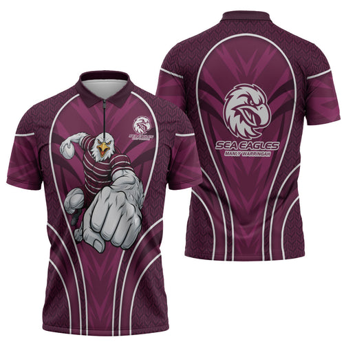 Manly Warringah Sea Eagles Rugby Mascot Zipper Polo Shirt Australian Rugby Culture - Tribal Inspired Eagle