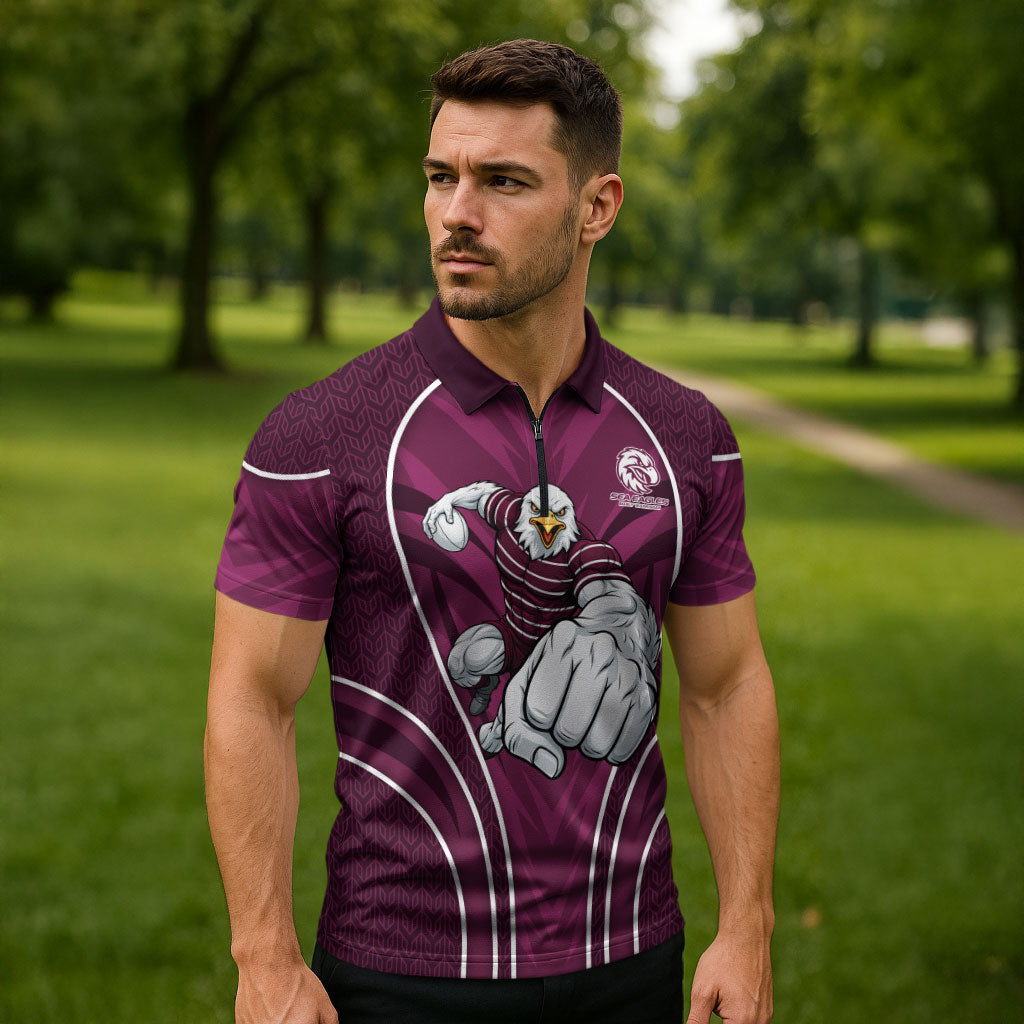 Manly Warringah Sea Eagles Rugby Mascot Zipper Polo Shirt Australian Rugby Culture - Tribal Inspired Eagle