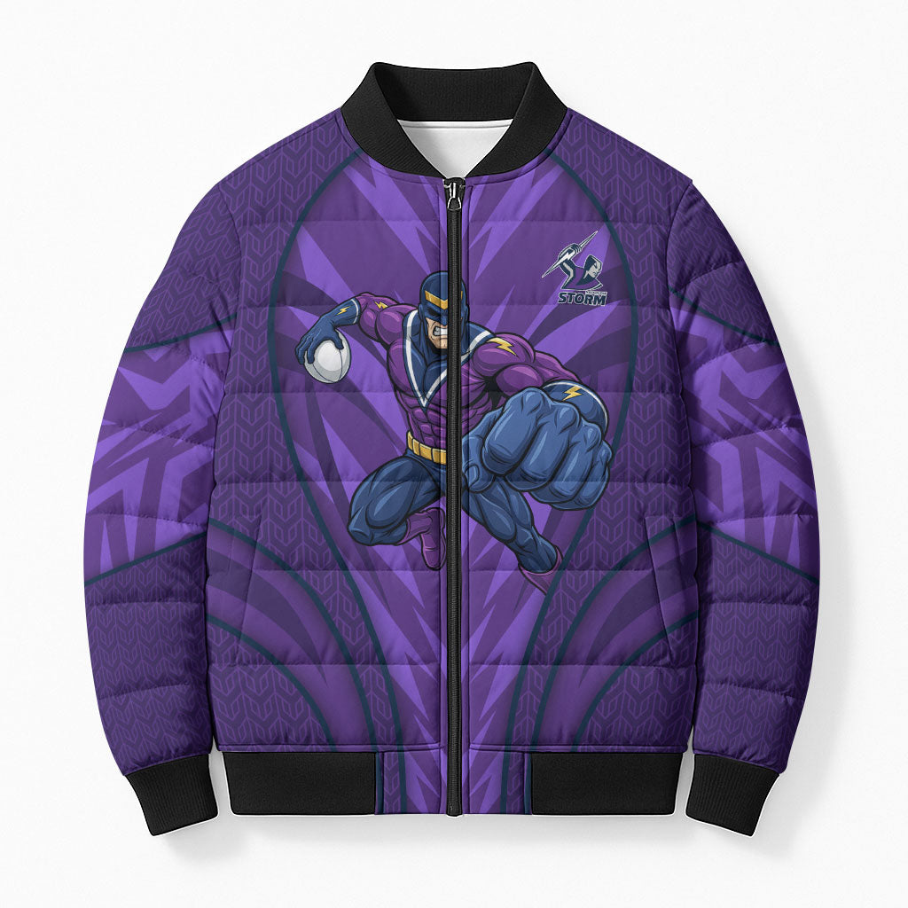 Melbourne Storm Rugby Mascot Bomber Puffer Jacket Australian Rugby Culture - Tribal Inspired Superhero