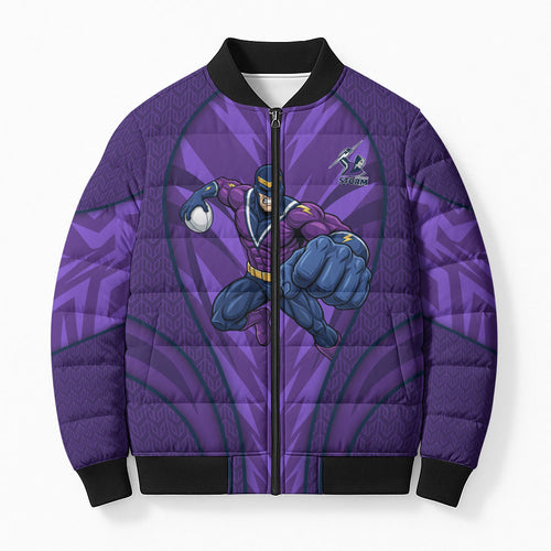 Melbourne Storm Rugby Mascot Bomber Puffer Jacket Australian Rugby Culture - Tribal Inspired Superhero