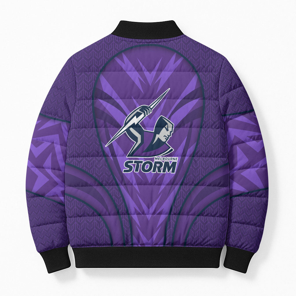 Melbourne Storm Rugby Mascot Bomber Puffer Jacket Australian Rugby Culture - Tribal Inspired Superhero