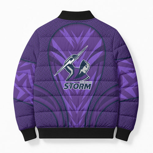 Melbourne Storm Rugby Mascot Bomber Puffer Jacket Australian Rugby Culture - Tribal Inspired Superhero