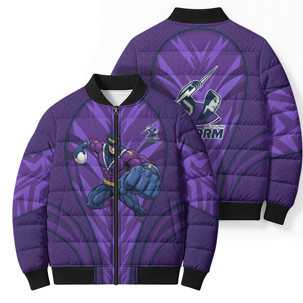 Melbourne Storm Rugby Mascot Bomber Puffer Jacket Australian Rugby Culture - Tribal Inspired Superhero