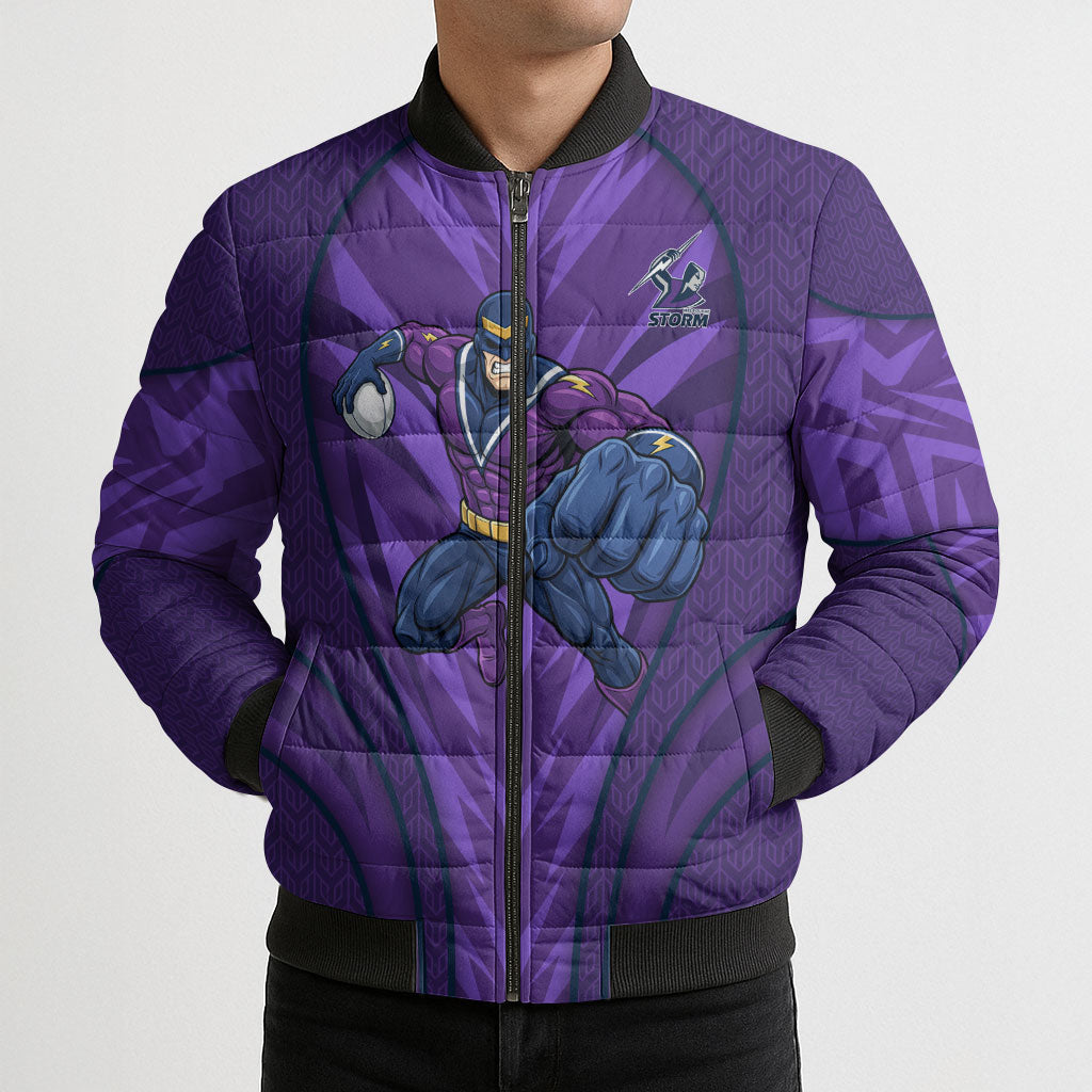 Melbourne Storm Rugby Mascot Bomber Puffer Jacket Australian Rugby Culture - Tribal Inspired Superhero