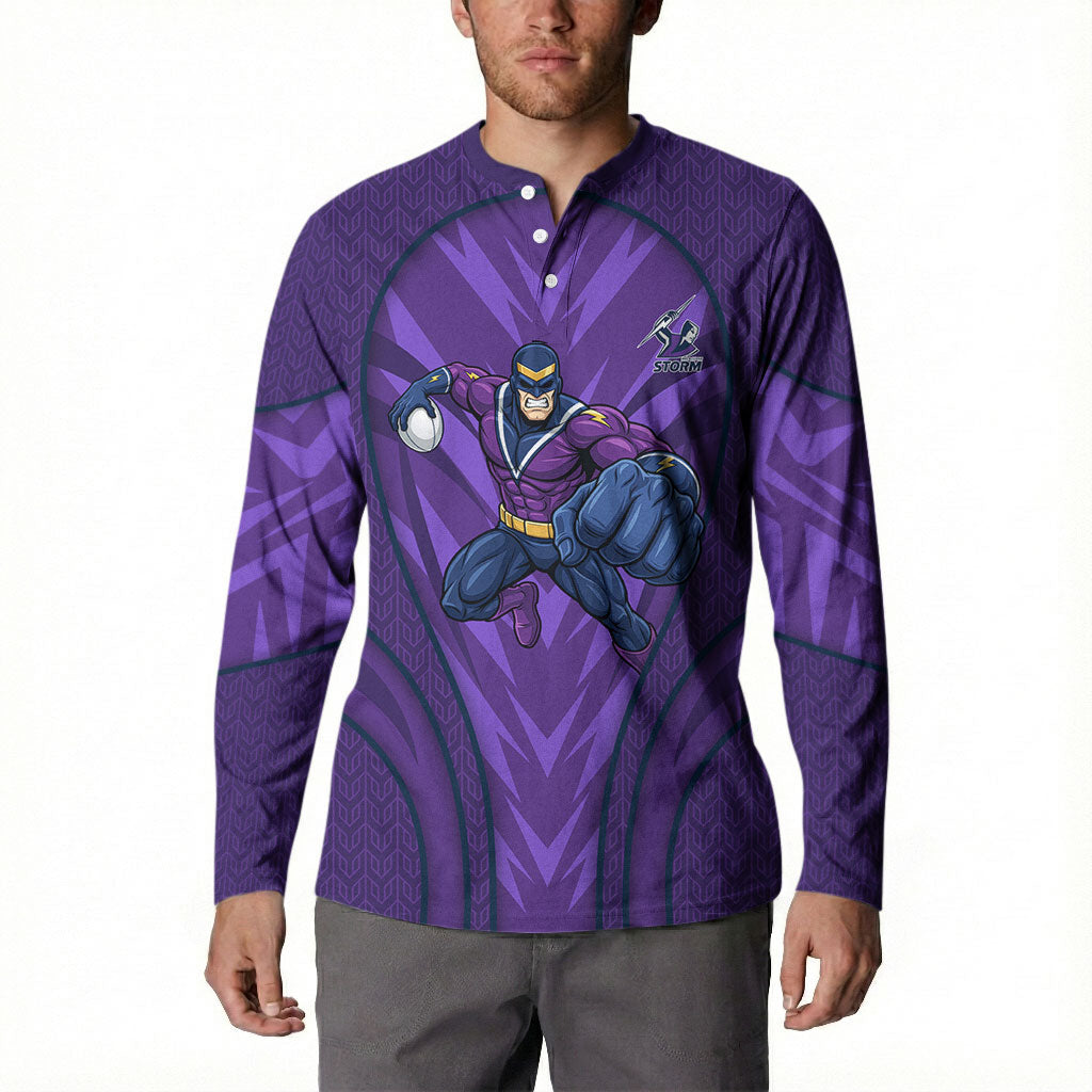 Melbourne Storm Rugby Mascot Button Sweatshirt Australian Rugby Culture - Tribal Inspired Superhero