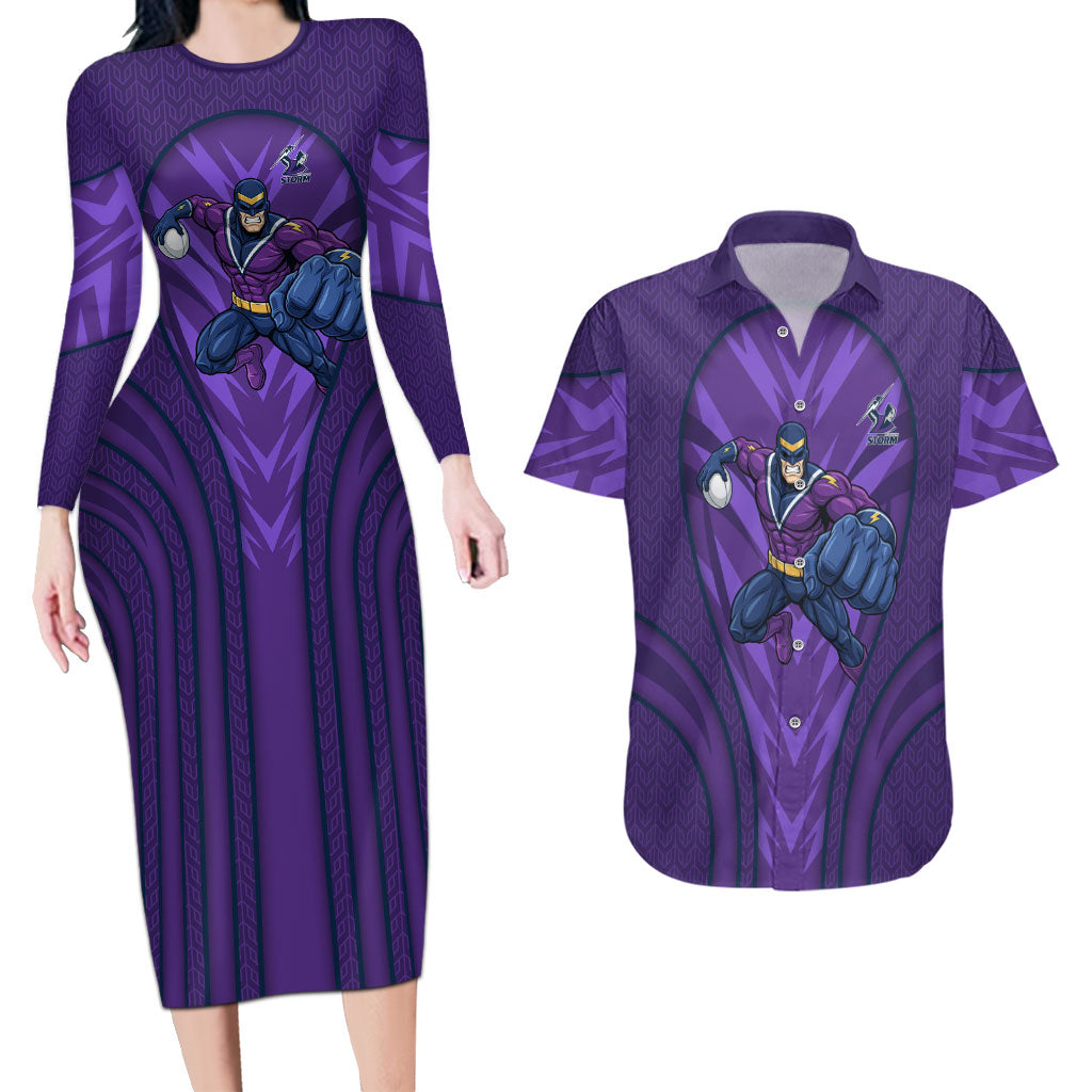 Melbourne Storm Rugby Mascot Couples Matching Long Sleeve Bodycon Dress and Hawaiian Shirt Australian Rugby Culture - Tribal Inspired Superhero