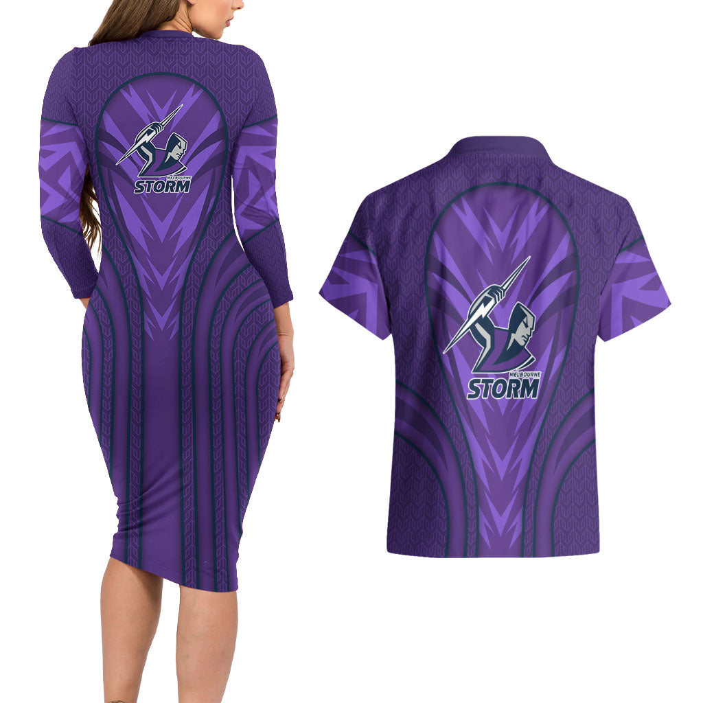 Melbourne Storm Rugby Mascot Couples Matching Long Sleeve Bodycon Dress and Hawaiian Shirt Australian Rugby Culture - Tribal Inspired Superhero