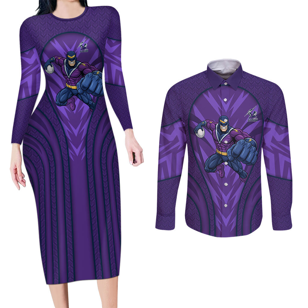 Melbourne Storm Rugby Mascot Couples Matching Long Sleeve Bodycon Dress and Long Sleeve Button Shirt Australian Rugby Culture - Tribal Inspired Superhero