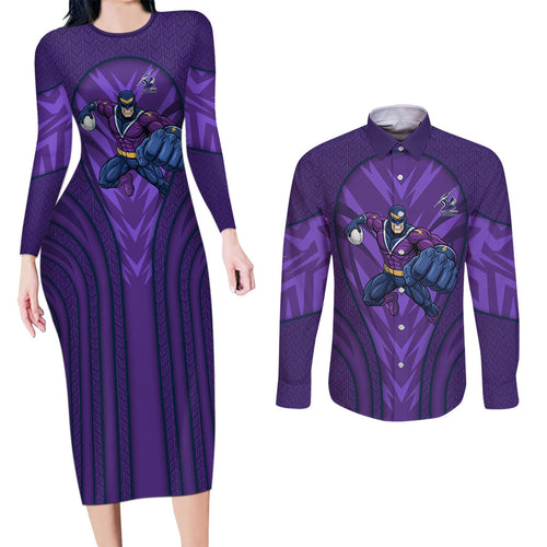 Melbourne Storm Rugby Mascot Couples Matching Long Sleeve Bodycon Dress and Long Sleeve Button Shirt Australian Rugby Culture - Tribal Inspired Superhero