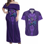 Melbourne Storm Rugby Mascot Couples Matching Off Shoulder Maxi Dress and Hawaiian Shirt Australian Rugby Culture - Tribal Inspired Superhero