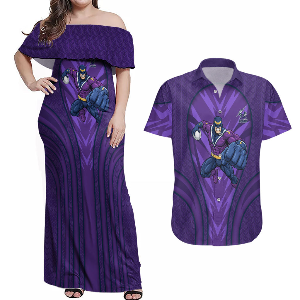 Melbourne Storm Rugby Mascot Couples Matching Off Shoulder Maxi Dress and Hawaiian Shirt Australian Rugby Culture - Tribal Inspired Superhero
