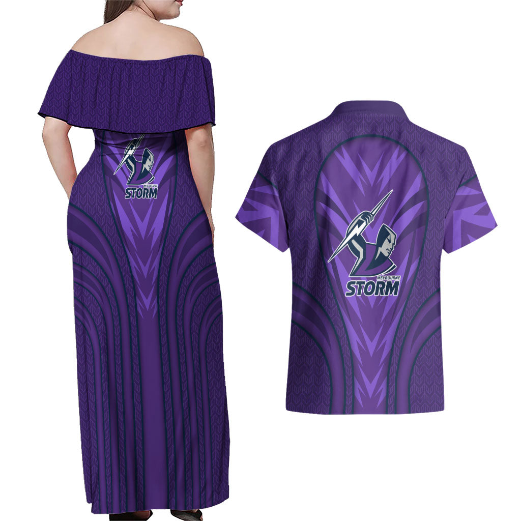 Melbourne Storm Rugby Mascot Couples Matching Off Shoulder Maxi Dress and Hawaiian Shirt Australian Rugby Culture - Tribal Inspired Superhero